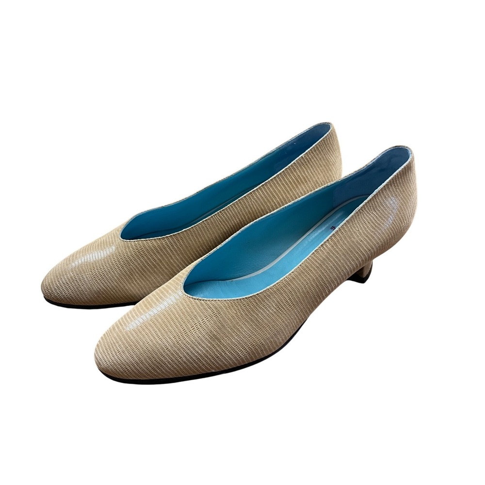 THIERRY RABOTIN Tan Suede Shoes Pumps 39.5 Snake Leather Low Kitten Heel Italy